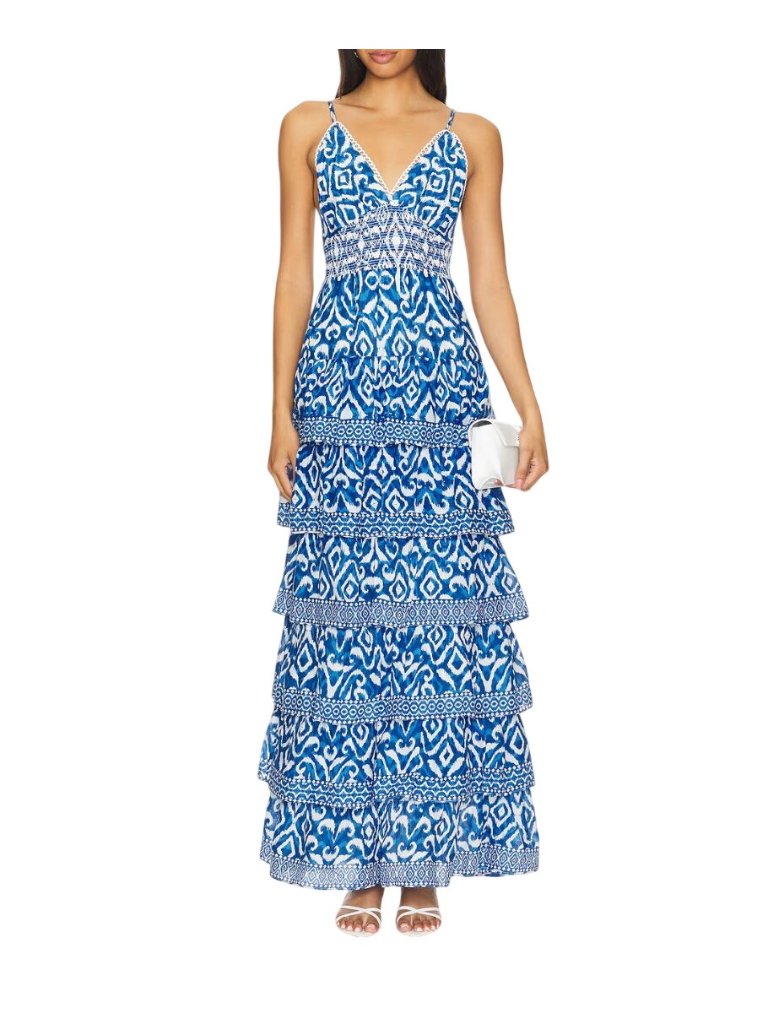 Nwt Alice + Olivia Imogene Ikat Tiered Blue Maxi Dress Size 12 Msrp $660